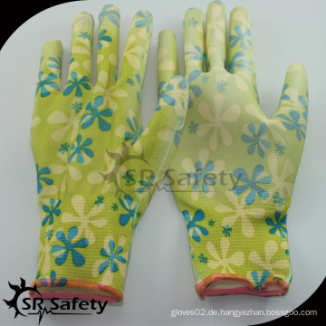 SRSAFETY 13 Gauge Nylon beschichtet PU auf Palme mit Blumendruck für Gartenhandschuhe